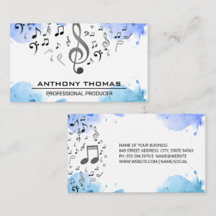 Cartão De Visita Azul-aquarela   Notas Musicais