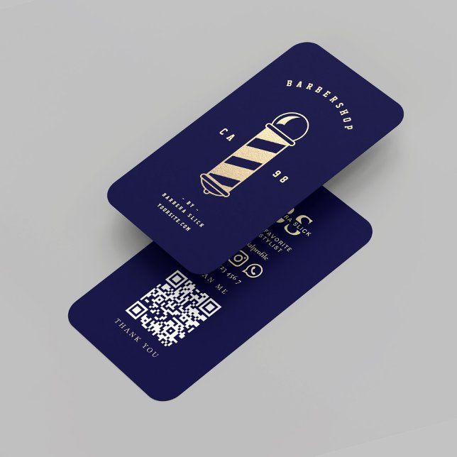 Cartão De Visita Azul-azul-de-meia-noite do Polo Barber Dourado mod (Modern Gold Barber's Pole Barbershop Midnight blue Business Card
)