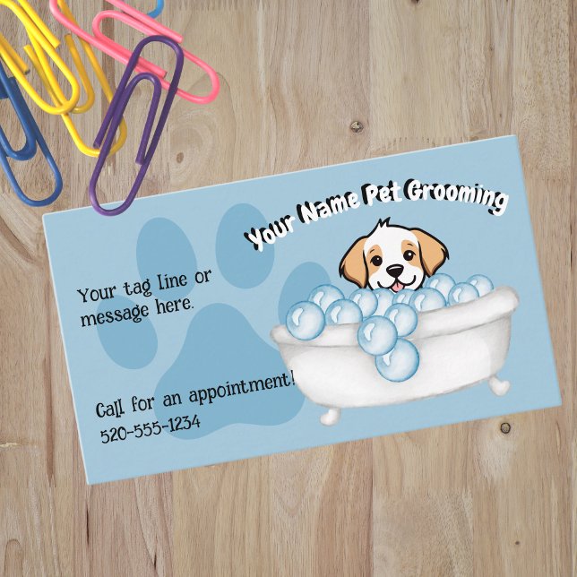 Cartão De Visita Azul Bathtub Bubbles Dog Groomer Services (Criador carregado)