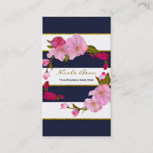 Cartão De Visita Azul, branco e Dourado Glamor Floral Moderno