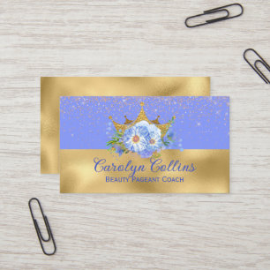 Cartão de visita azul-chic e floral Dourado