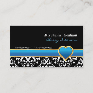 Cartão de visita azul-damasco branco preto