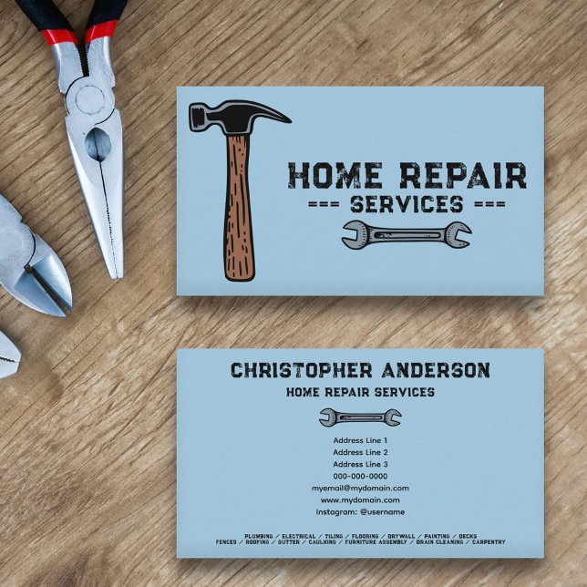 Cartão De Visita Azul do Serviço de Reparo Doméstico (Home Repair Service Blue Business Card)
