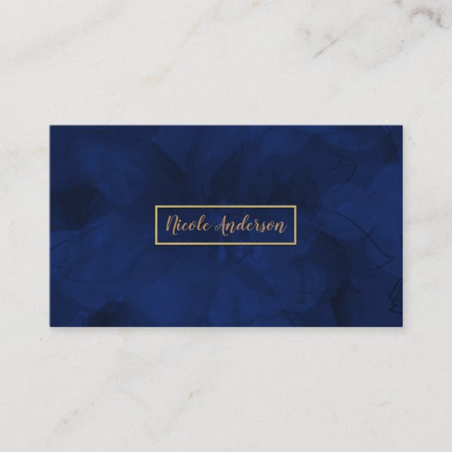 Cartão De Visita Azul Dourado Aquarela Floral Glam Elegante Moderno (Frente)