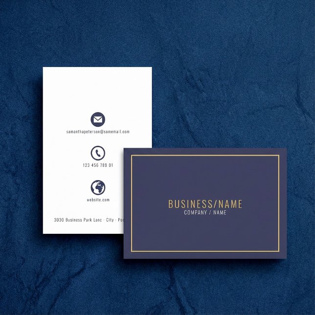 Cartão de visita azul e branco com borda dourada (Blue and white icons gold border business card.)
