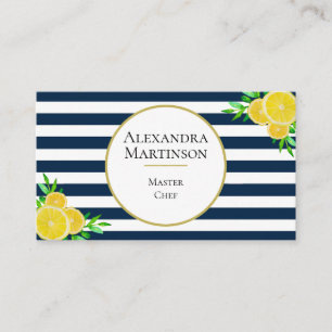 Cartão De Visita Azul Elegante Stripes Brancas Aquarelas Lemons Che