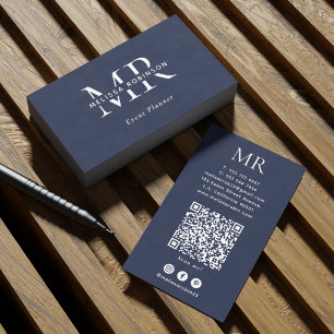 Cartão De Visita Azul Escuro e Branco Código QR de Monograma para R