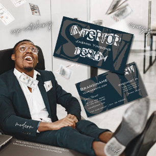 Cartão De Visita Azul escuro moderno Branco e Cinzas Legal com Inic