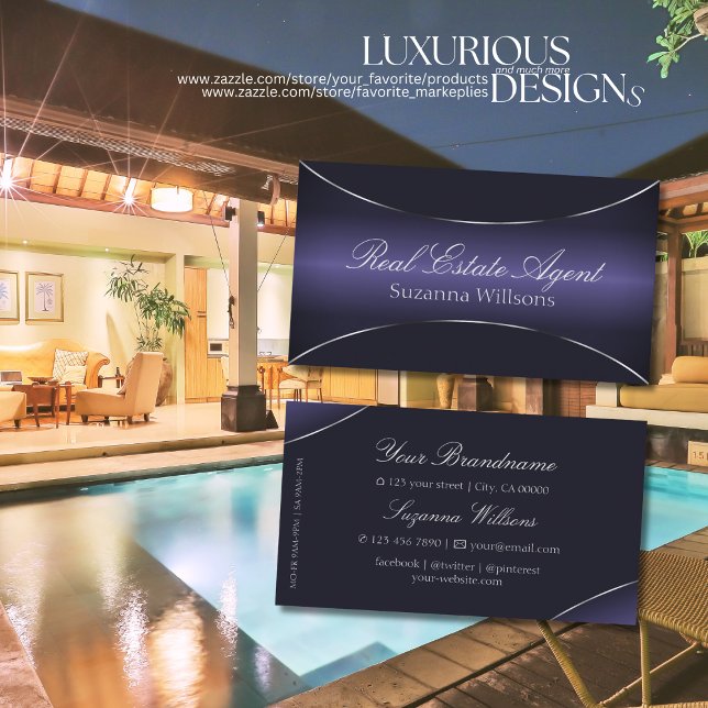 Cartão De Visita Azul Escuro Moderno com Borda Prateada Profissiona (Criador carregado)