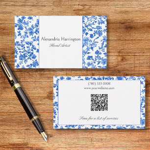 Cartão De Visita Azul Floral com Código QR