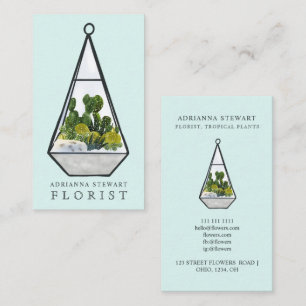 Cartão De Visita Azul florista verde aquarela cactus terrarium