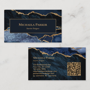Cartão De Visita Azul Marinho Ágata Dourada Código QR Profissional