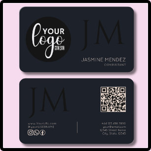 Cartão De Visita Azul Marinho Creme Preto Logo Monograma QR Moderno