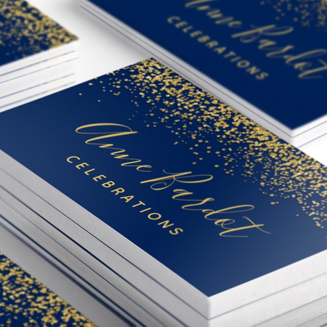 Cartão De Visita Azul-Marinho Dourado brilhante Confetti (Closeup of stacked Glamorous Blue and Gold Confetti Business Cards)