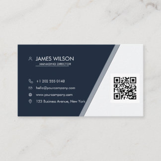 Cartão De Visita Azul Marinho Prata Logotipo Personalizado QR Negóc
