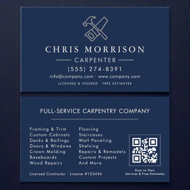 Cartão de Visita Azul Marinho Prata QR Code Carpin (Criador carregado)