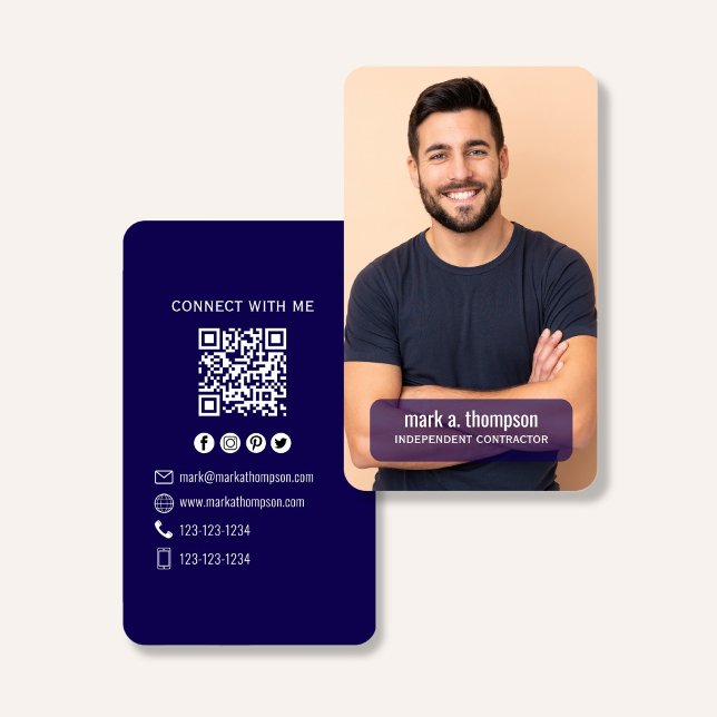 Cartão De Visita Azul Marinho QR Code Foto Conectar Moderno (Dark navy QR code business card with photo and sleek modern minimalist design)