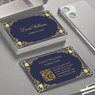 Cartão De Visita Azul Marinho Vintage Código QR Dourado Elegante Ra