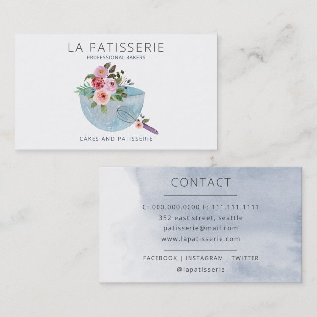 Cartão De Visita Azul Moderno Cor da Água Floral Pastelaria (Frente/Verso)