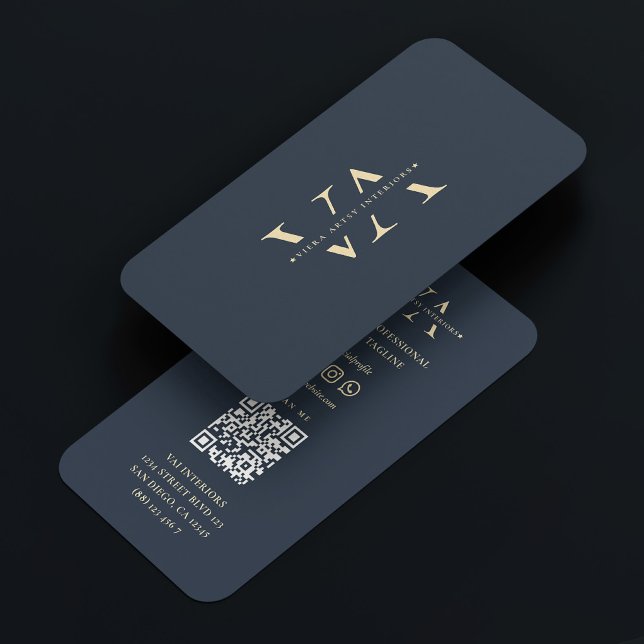 Cartão De Visita Azul Monograma do Arquiteto do Interior Moderno (Modern Interior Designer Architect Architecture Construction Monogram Dark Blue Gold Business Card
)