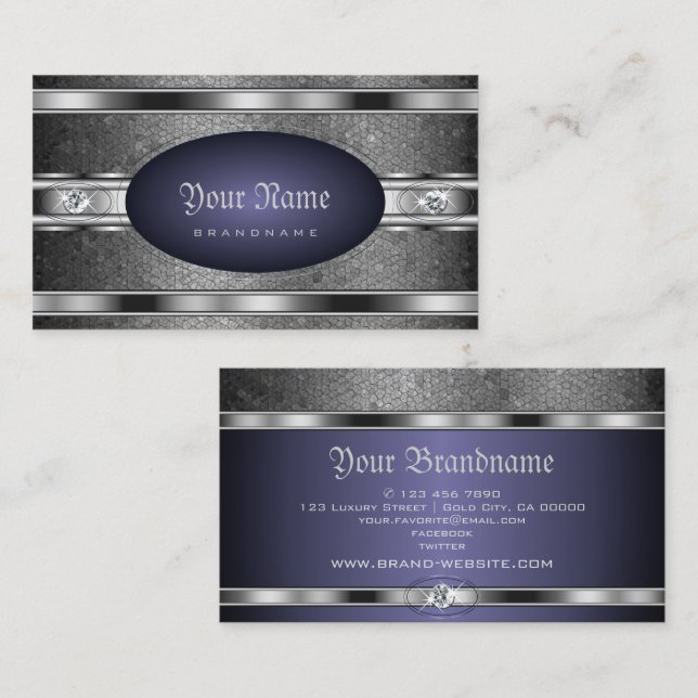 Cartão De Visita Azul-padrão prateado luxuoso com diamantes falsos (Frente/Verso)