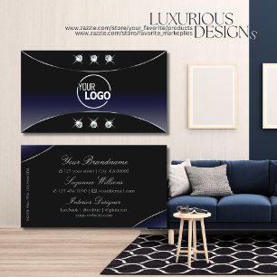 Cartão De Visita Azul Preto com Ouros e Logotipo de Decor Prateado