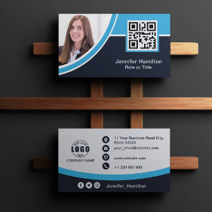 Cartão De Visita Azul profissional adicione seu logotipo, QR Code P