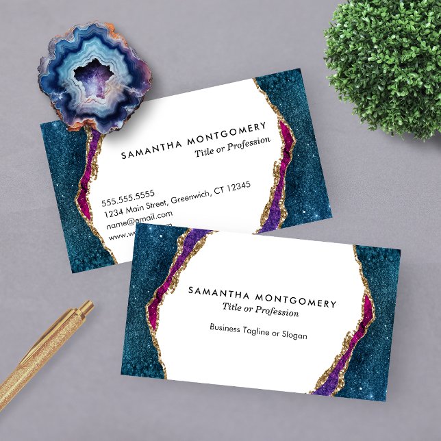 Cartão De Visita Azul-púrpura Aqua Veias Douradas Agitar por Profis (Chic Blue Purple Aqua Gold Veins Agate Professional Business Card)