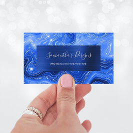 Cartão De Visita Azul Real Luxo Mármore Ágata Glam Naval Folha