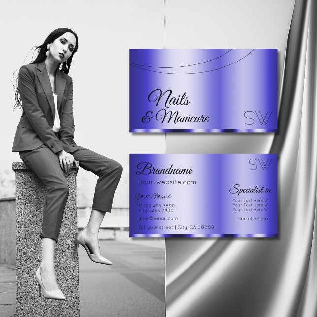 Cartão De Visita Azul Shimmery Glamorous com Monograma Moderno (Criador carregado)