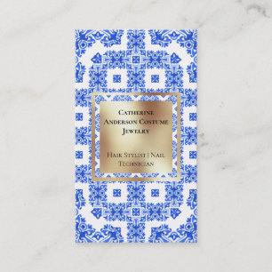 Cartão De Visita azulejos brancos azuis, de cor dourada, Mediterrâ
