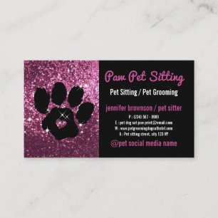 Cartão De Visita Babá de Pet Cuidado Glitter rosa Pata de Cachorro