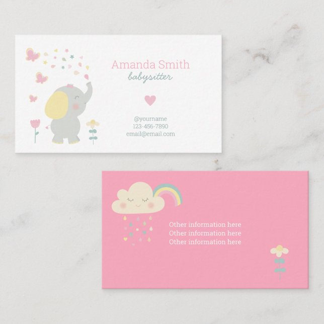 Cartão De Visita Babysitter Cute Elephant Babysitting Service (Frente/Verso)