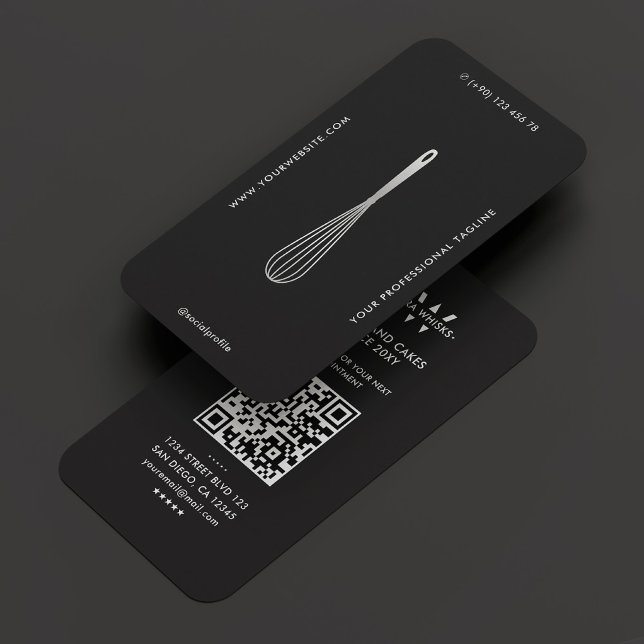 Cartão De Visita Baker Moderno Monograma Caterer Black Silver Whisk (Modern Baker Monogram Caterer Black Silver Whisk Business Card
)