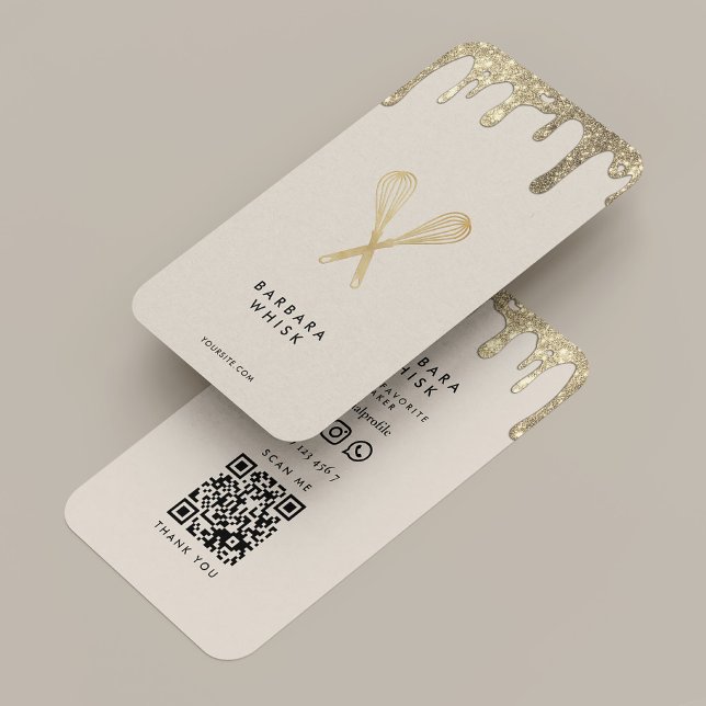 Cartão De Visita Baker Whisk Faux Dourado Beige Caterer (Baker Whisk Faux Gold Drip Caterer Beige Business Card
)