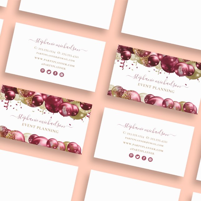 Cartão De Visita Balão Dourado Burgundy do Planejador do Partido (Party Planner Burgundy Gold Balloon Business Card)