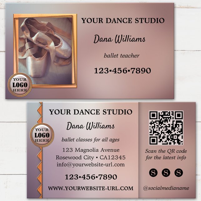 Cartão De Visita Balé moderno Dance Studio (Ballet dance business card featuring pointe shoes on an artistic design - with logo, QR code, media)