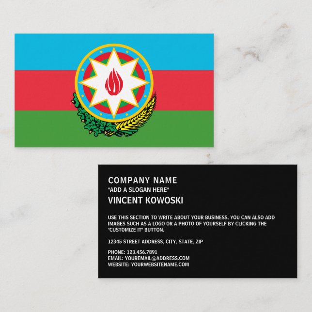 Cartão De Visita Bandeira do Azerbaijão e Emblema Nacional, Azerbai (Frente/Verso)