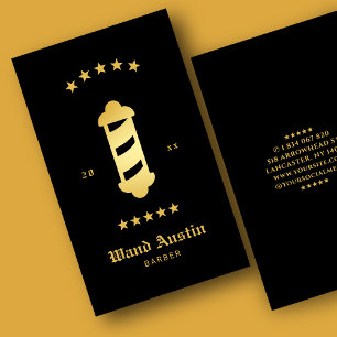 Cartão De Visita Barbearia Barber Pole Preto e Dourado