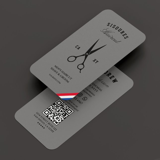 Cartão De Visita Barbearia Cinza Vermelha Azul  Moderna (Barbershop Modern Grey Red Blue White Barber Business Card
)