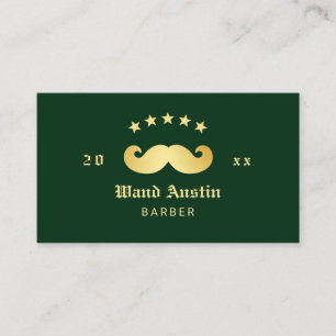 Cartão De Visita Barbearia com Logo de Bigode Falso Dourado e Verde