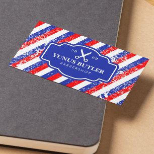 Cartão De Visita Barbearia de Tesoura Grunge Blue & Red Strike