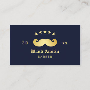 Cartão De Visita Barbearia Logotipo Bigode Azul Marinho e Dourado