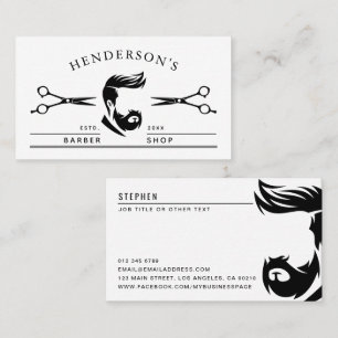 Cartão De Visita Barbearia Moderna Preto e Branco Homem e Tesoura