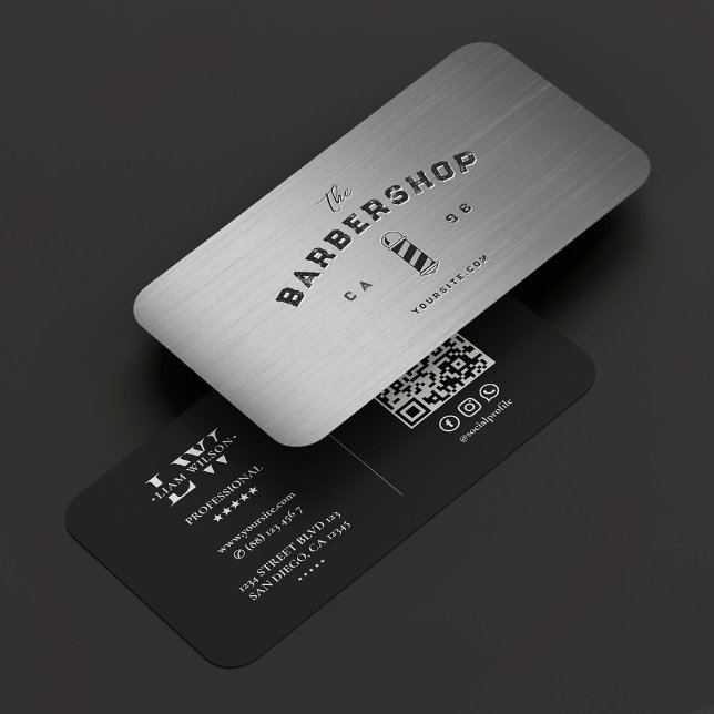 Cartão De Visita Barbearia Pole Elegante Prata Negra Elegante Moder (Barbershop Barber Pole Elegant Black Silver Modern Business Card
)
