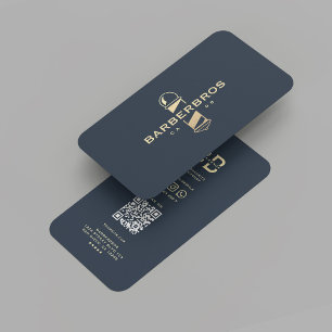 Cartão De Visita Barbeiro Dourado Moderno Azul Barbershop Polar