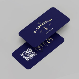 Cartão De Visita Barber Moderno Monograma Barbershop Azul-Noite-Méd