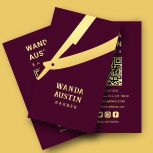 Cartão De Visita Barber Razor Burgundy And Gold Código Qr 