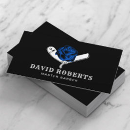 Cartão De Visita Barber Razor e Rosa Azul Barbershop Cabelo Preto