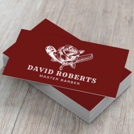 Cartão De Visita Barber Razor & Logotipo de Rosa Barbershop Vermelh